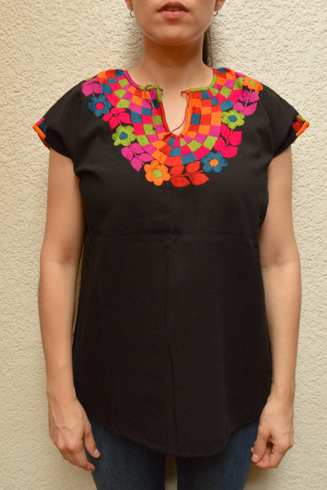 Embroidered Mexican Blouse | Black - Alebrije Huichol Mexican Folk art magiamexica.com