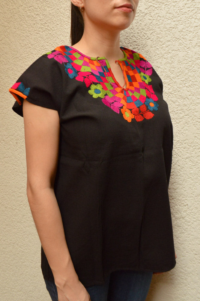 Embroidered Mexican Blouse | Black - Alebrije Huichol Mexican Folk art magiamexica.com