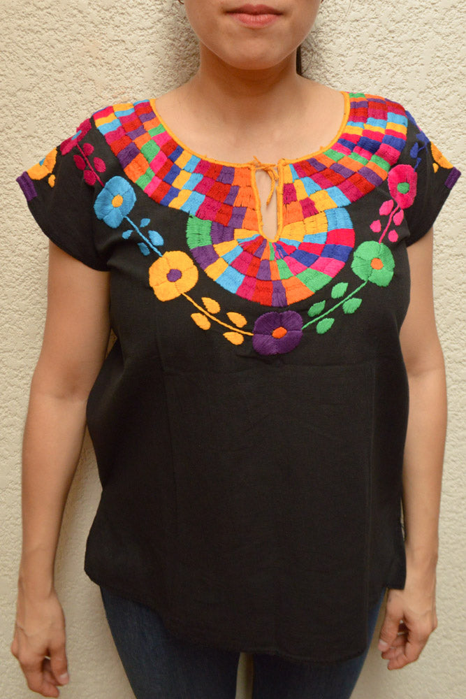 Embroidered Mexican Blouse | Black - Alebrije Huichol Mexican Folk art magiamexica.com