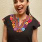 Embroidered Mexican Blouse | Black - Alebrije Huichol Mexican Folk art magiamexica.com