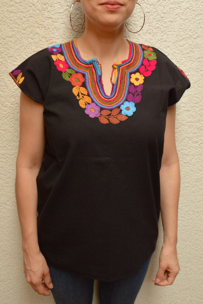 Embroidered Mexican Blouse | Black - Alebrije Huichol Mexican Folk art magiamexica.com