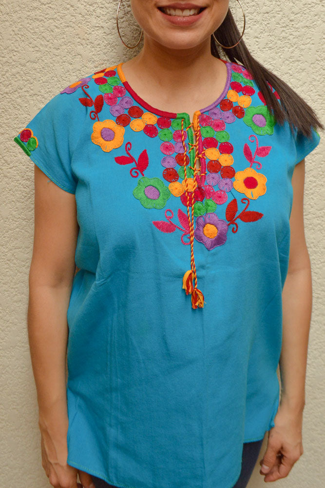 Embroidered Mexican Blouse | Light Blue - Alebrije Huichol Mexican Folk art magiamexica.com
