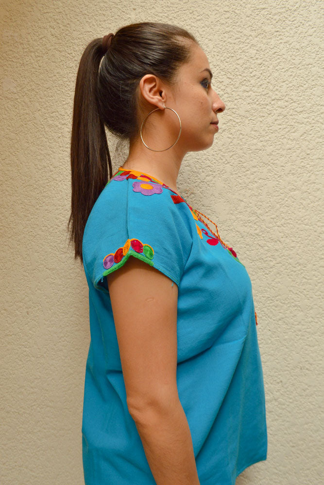 Embroidered Mexican Blouse | Light Blue - Alebrije Huichol Mexican Folk art magiamexica.com