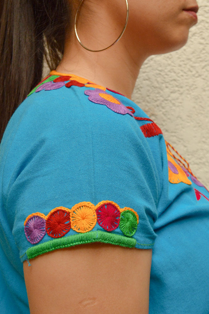 Embroidered Mexican Blouse | Light Blue - Alebrije Huichol Mexican Folk art magiamexica.com