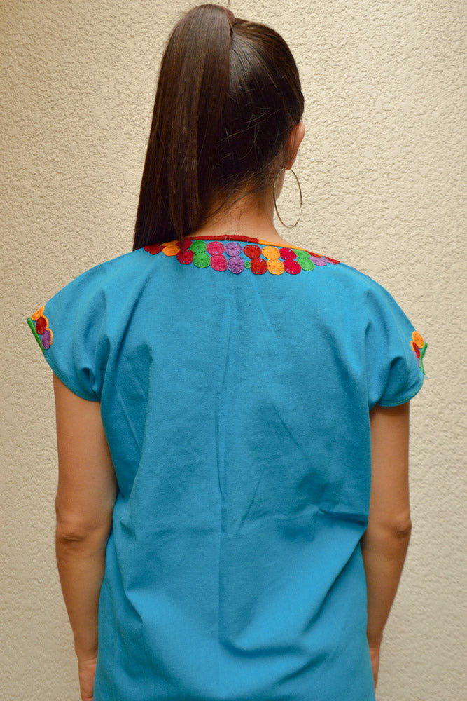 Embroidered Mexican Blouse | Light Blue - Alebrije Huichol Mexican Folk art magiamexica.com