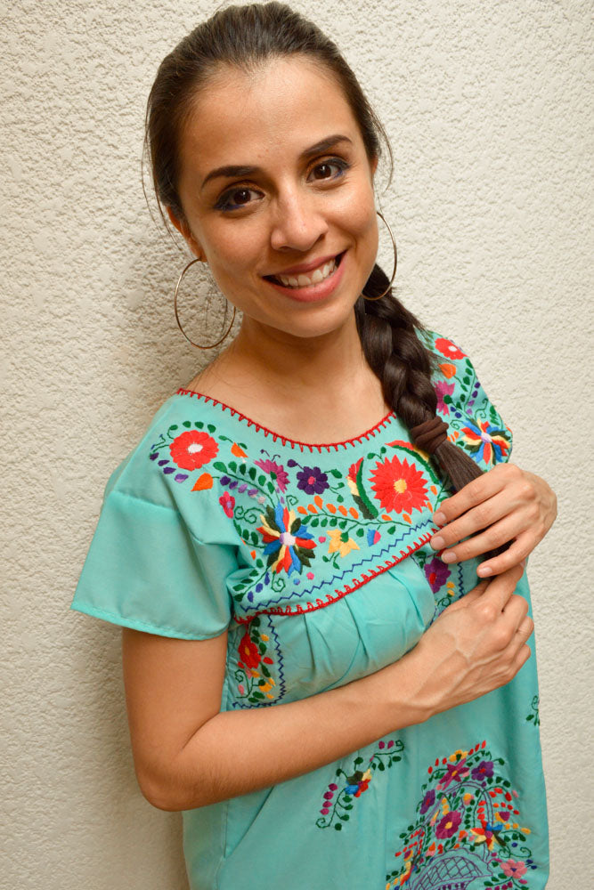Embroidered Mexican Dress | Mint - Alebrije Huichol Mexican Folk art magiamexica.com