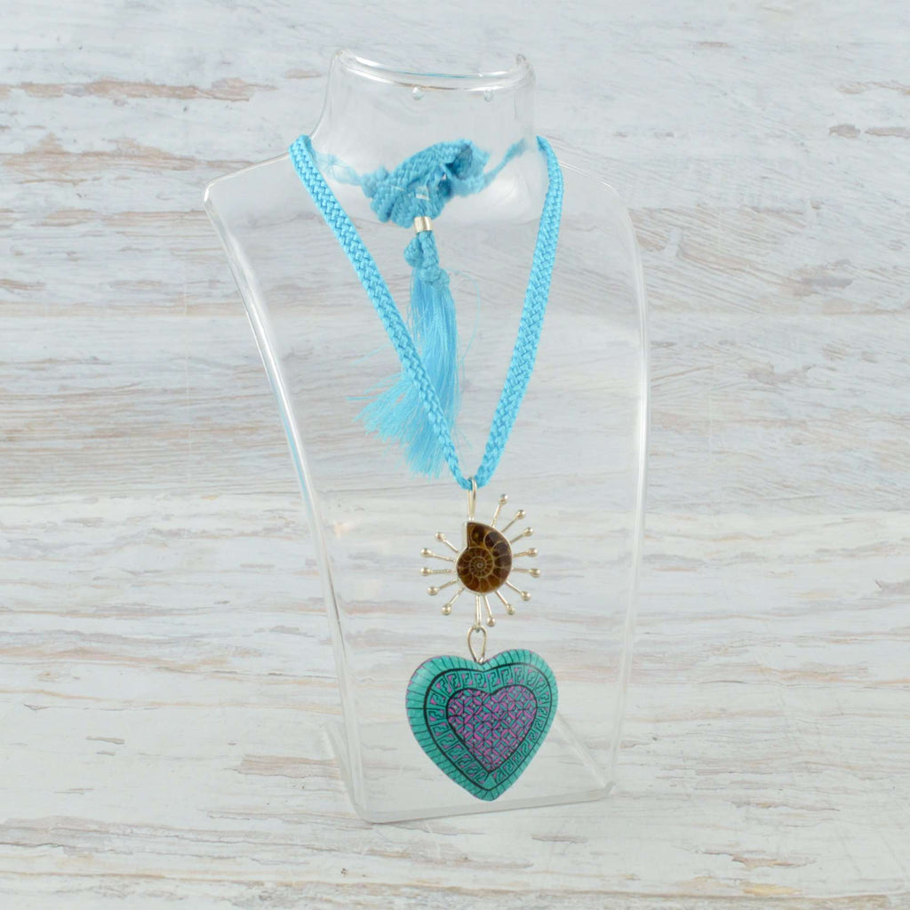 Heart Necklace Alebrije Wood Carving & Silver - Alebrije Huichol Mexican Folk art magiamexica.com