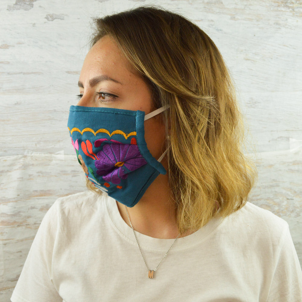 Face Mask Light Blue - Alebrije Huichol Mexican Folk art magiamexica.com