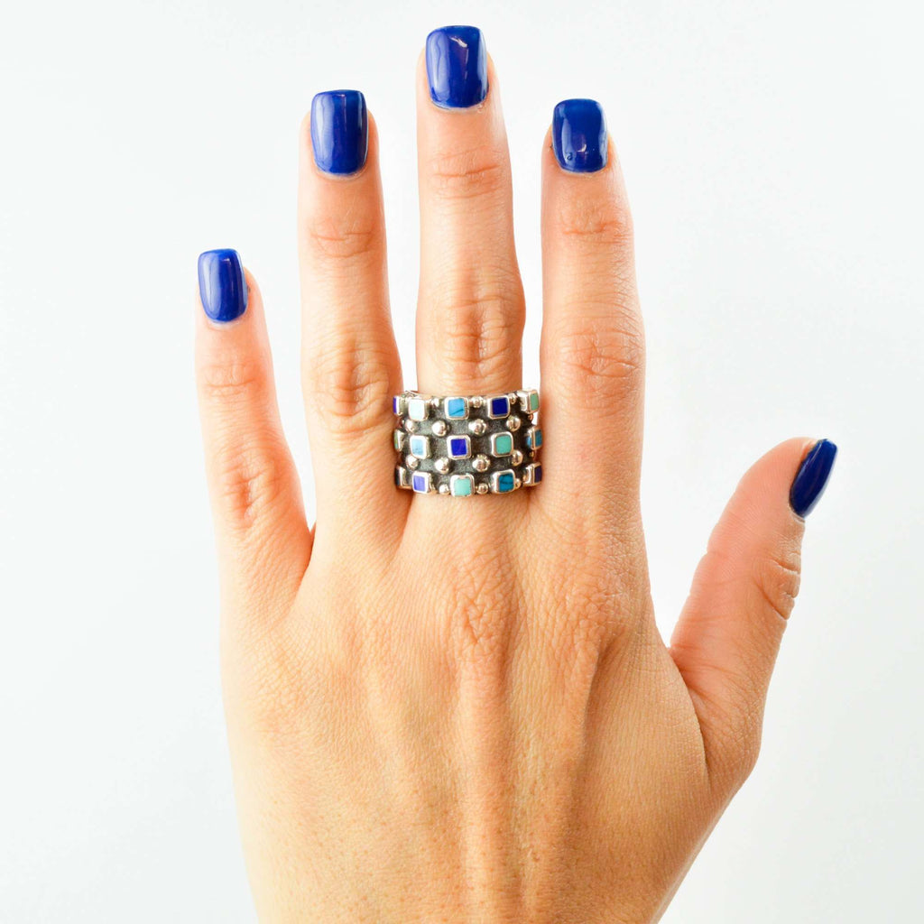 Ring Emerald Squares - Alebrije Huichol Mexican Folk art magiamexica.com