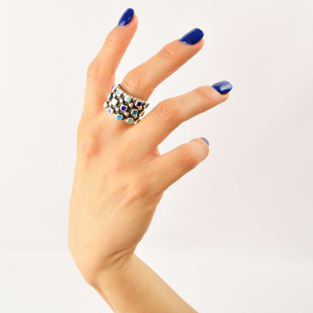 Ring Emerald Squares - Alebrije Huichol Mexican Folk art magiamexica.com